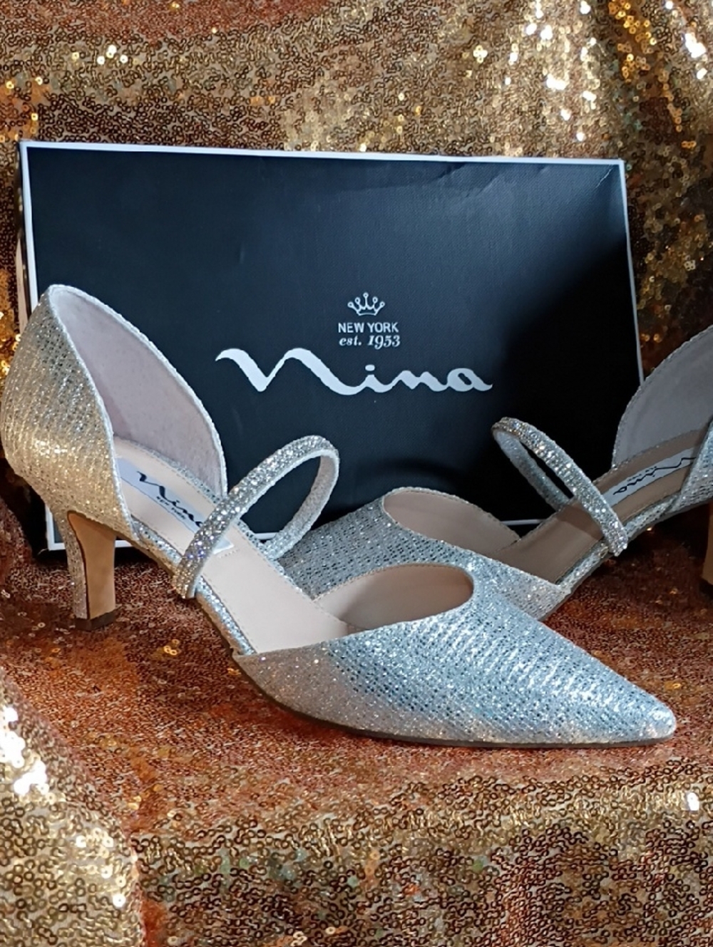 Nina Silver Glitter Pointed Mary Jane Kitten Heels